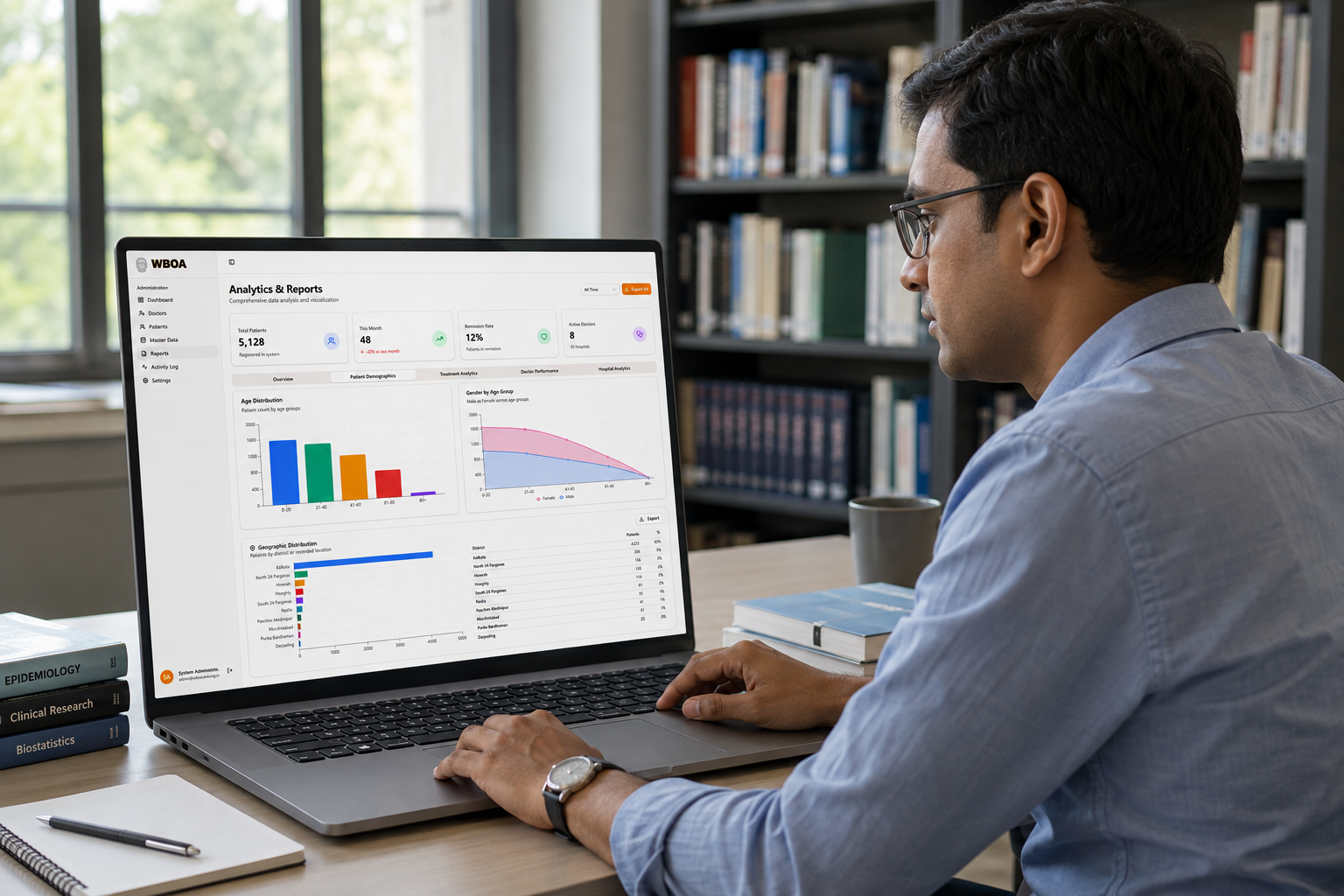 Clinical researcher reviewing WBOA demographic and geography analytics