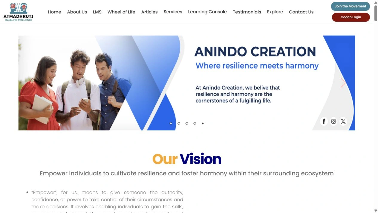 Atmadhruti website showing its life-planning vision and coaching navigation