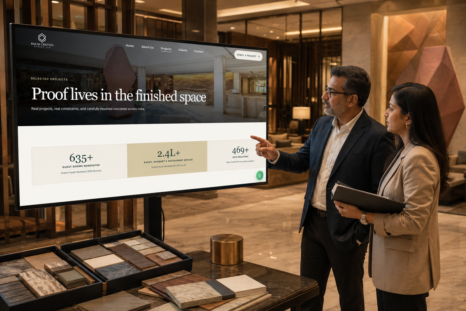 Balaji Crafted Spaces projects page reviewed beside a completed hotel lobby
