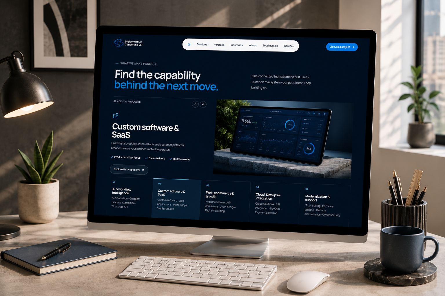 The Digicentrique capabilities page presented on a desktop monitor