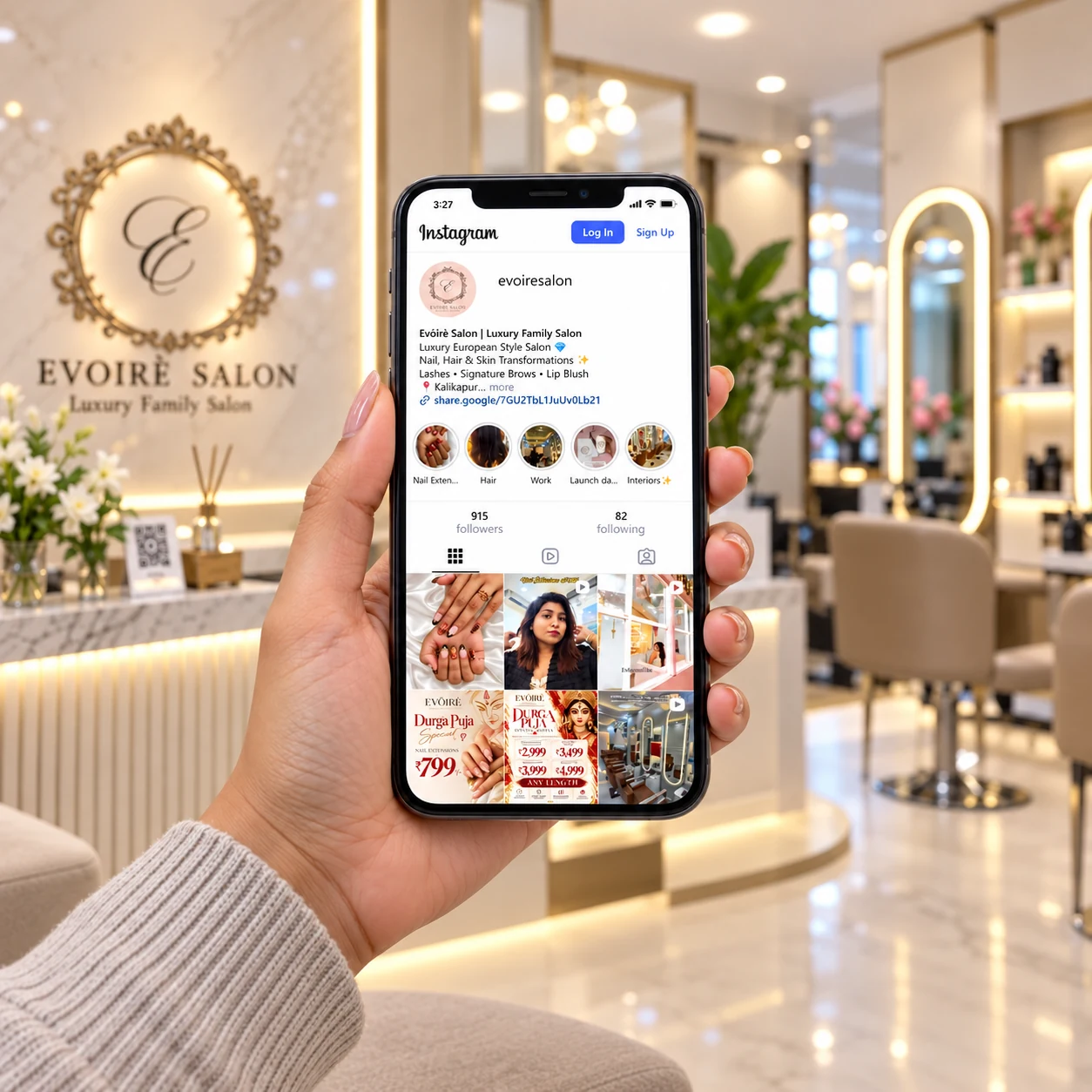 A customer browsing Evoire Salon’s actual Instagram profile on a smartphone