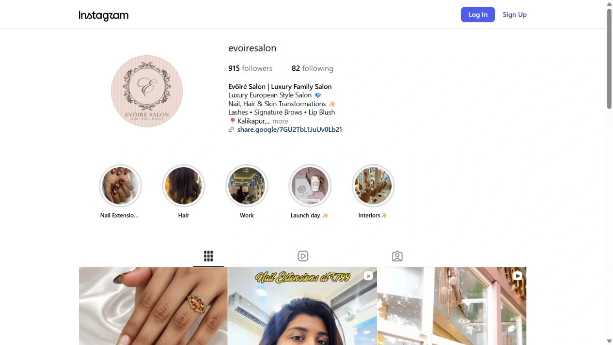 Evoire Salon’s public Instagram profile with Hair and Nail service highlights