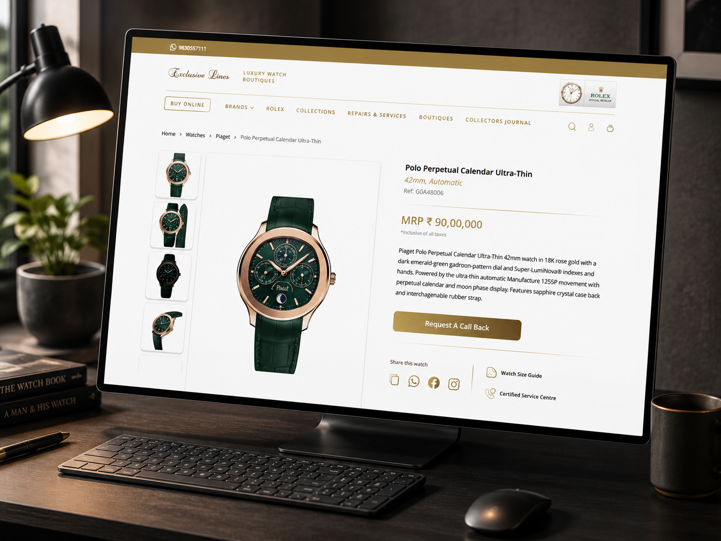 Exclusive Lines India Piaget watch detail page on a desktop monitor