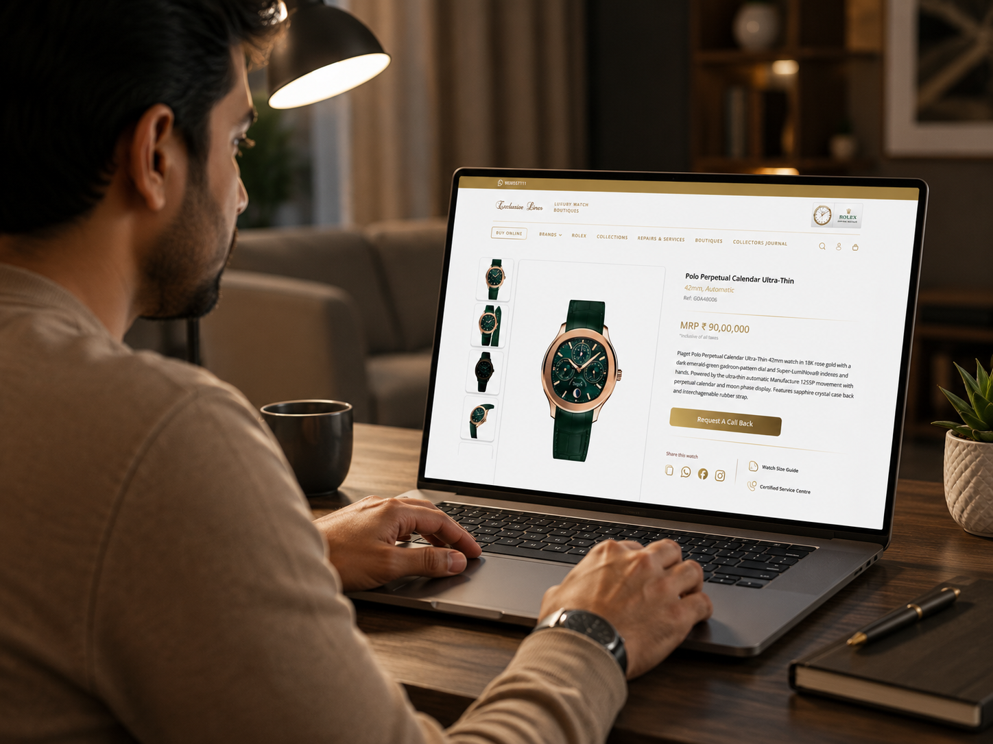 Customer browsing an Exclusive Lines India watch detail page on a laptop