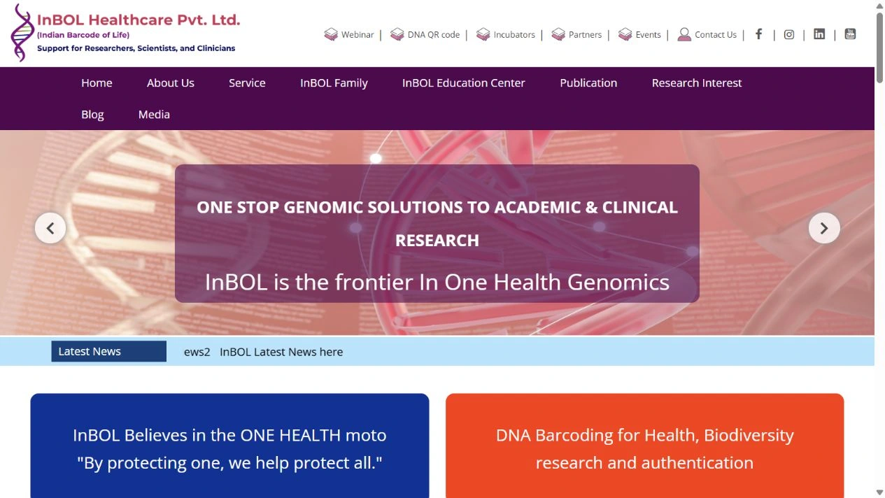 InBOL website showing genomic solutions, research and education information