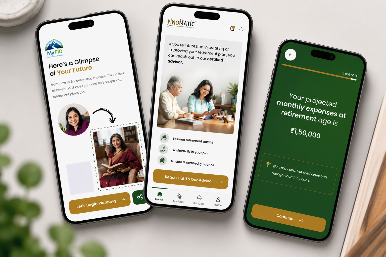 My FID retirement-planning experience shown across three mobile screens