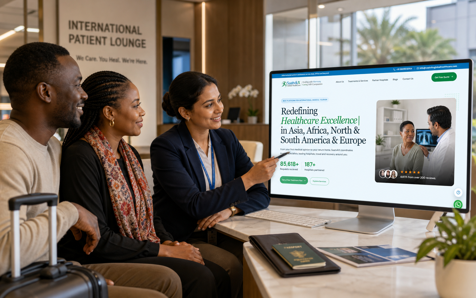 International patients reviewing the SaatvikX healthcare website with a care coordinator
