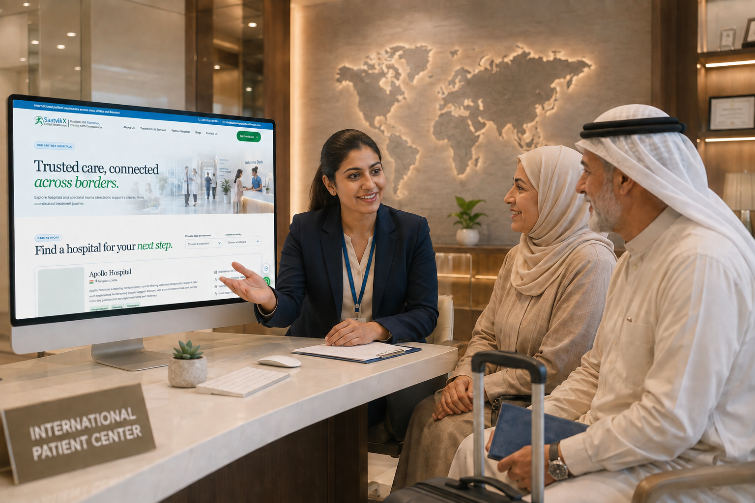 A care coordinator helping international patients select a partner hospital with SaatvikX
