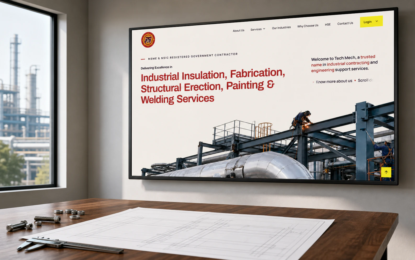 TechMech homepage presented on a project-room display