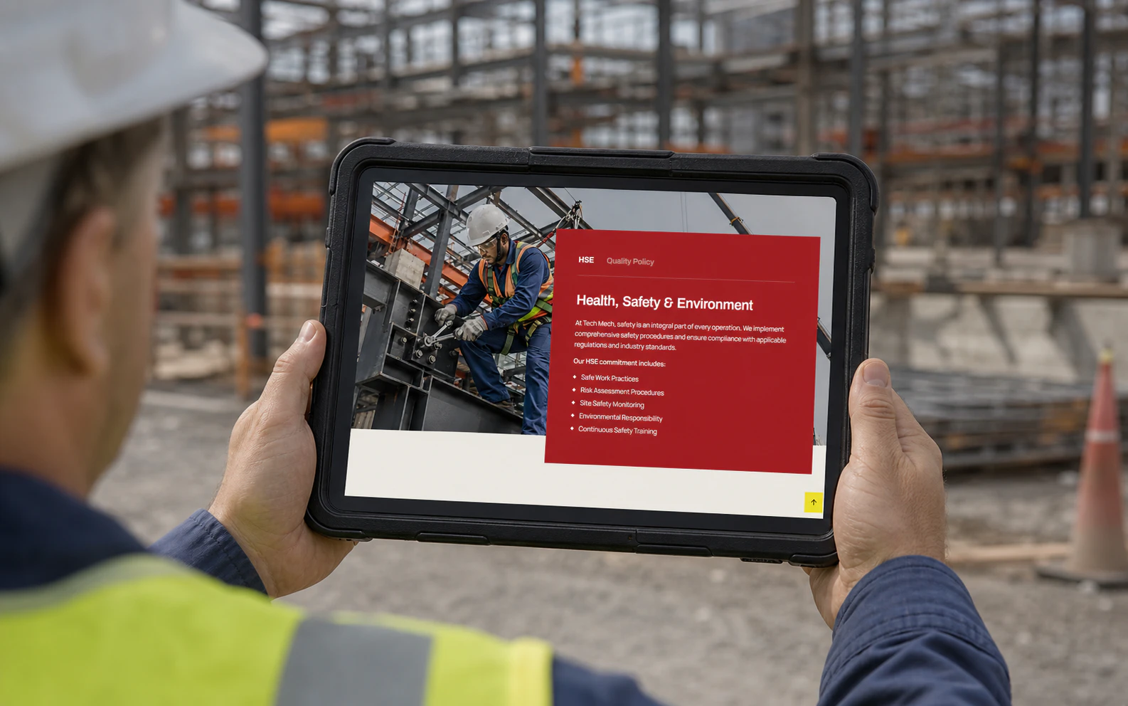 TechMech health, safety and environment page reviewed on a site tablet