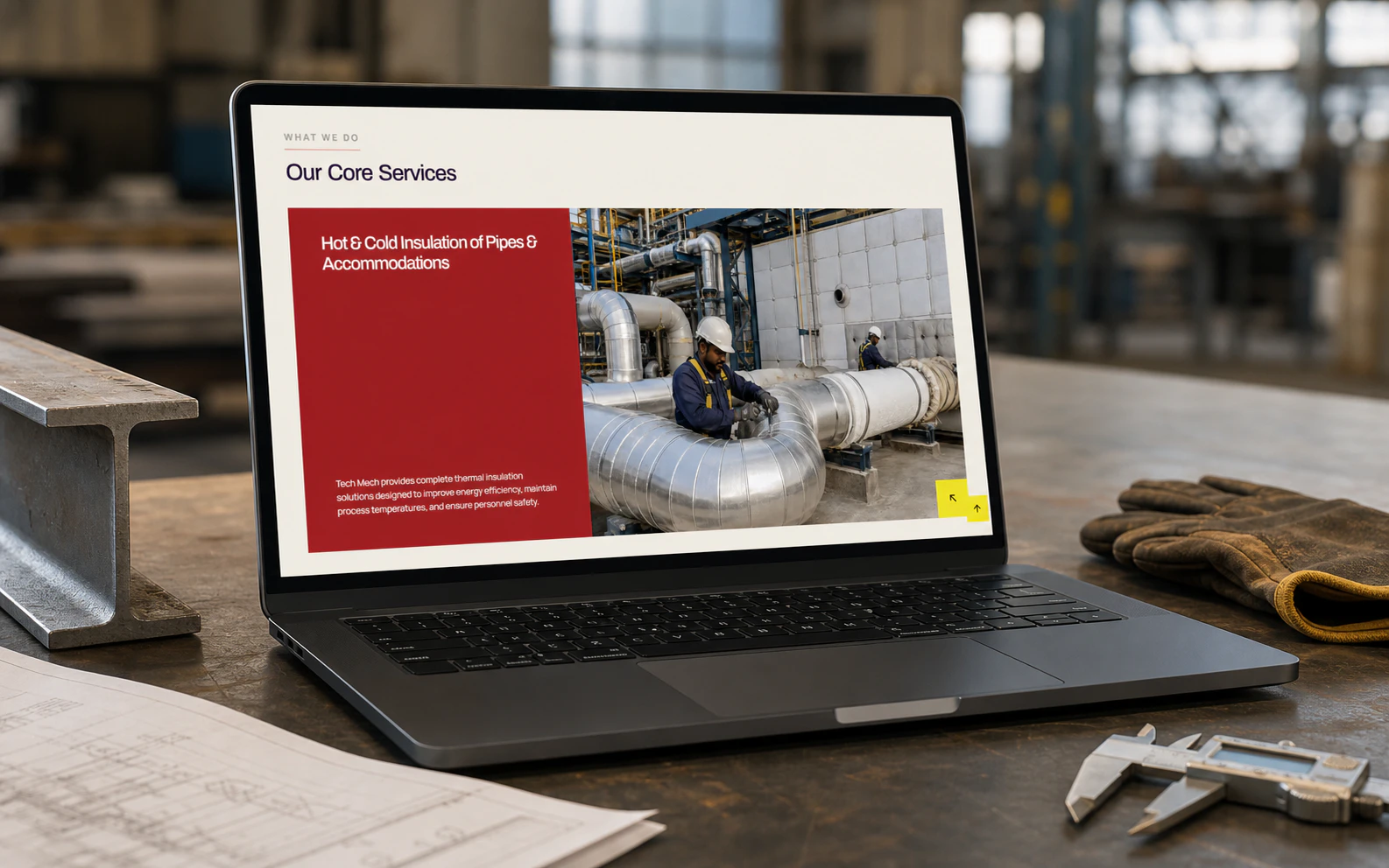 TechMech core-services page presented on a fabrication-planning laptop