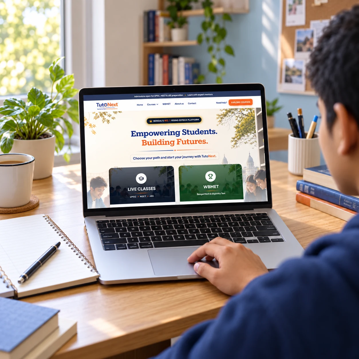 A learner browsing the actual TutoNext homepage on a laptop