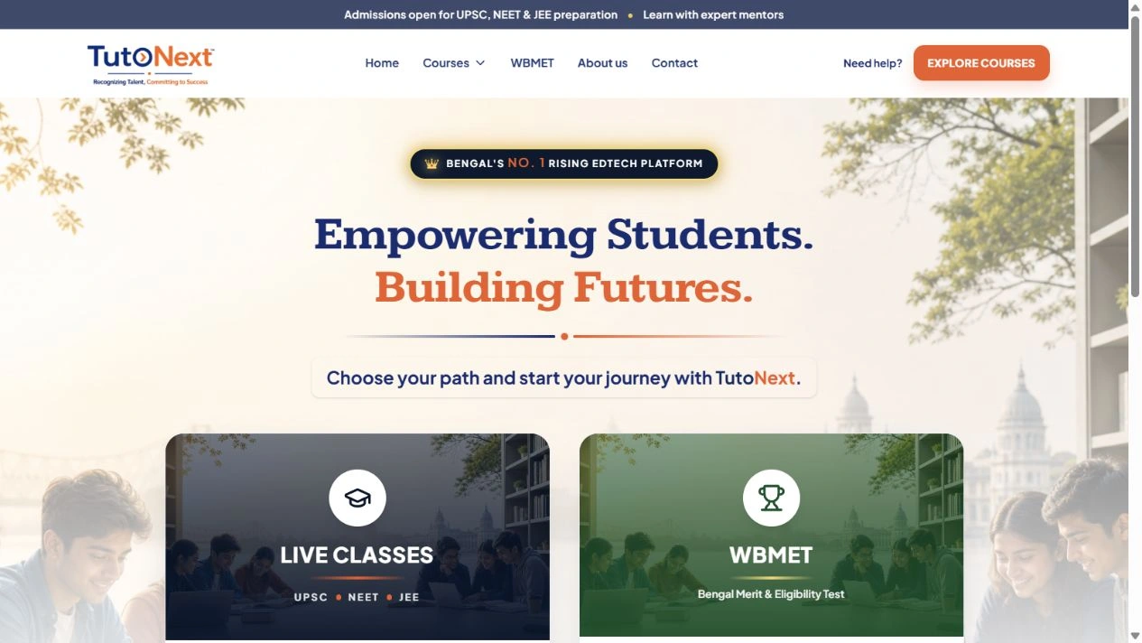 TutoNext website showing live classes and the WBMET learning portal