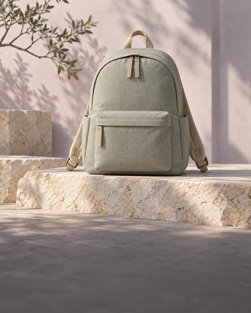 A minimal everyday backpack in a softly lit product setting