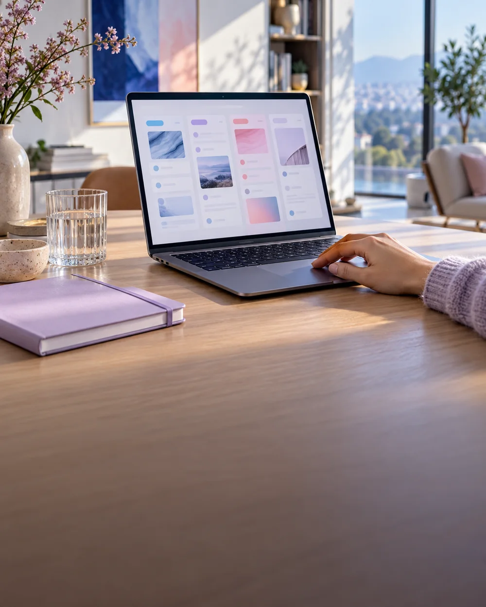 A laptop with a project workspace on a light oak desk