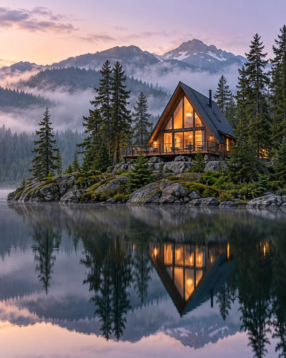 A quiet lakeside cabin beneath misty mountain hills